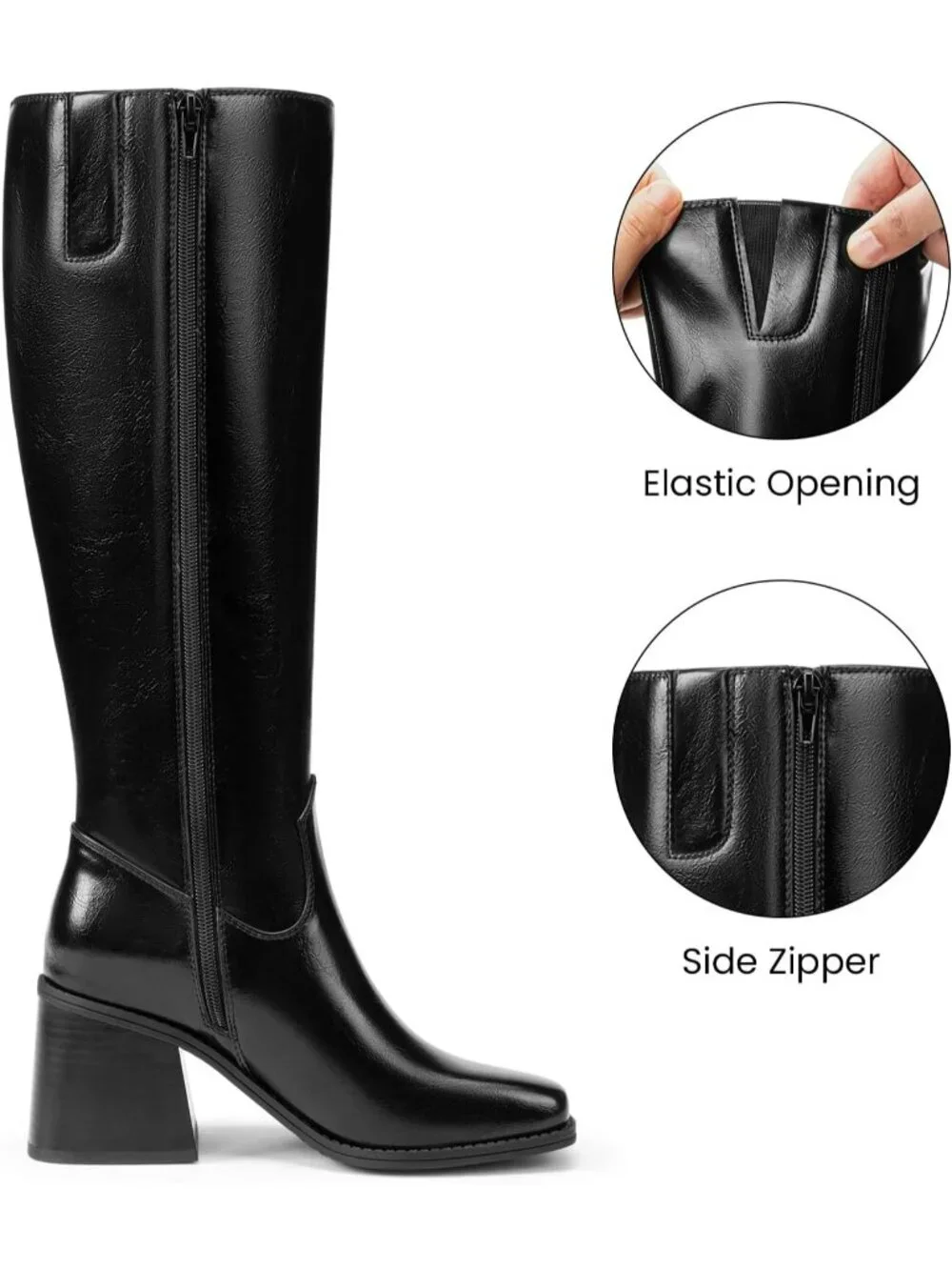 Women's Black Chunky Block Heel Square Toe Side Zipper Knee High Boots